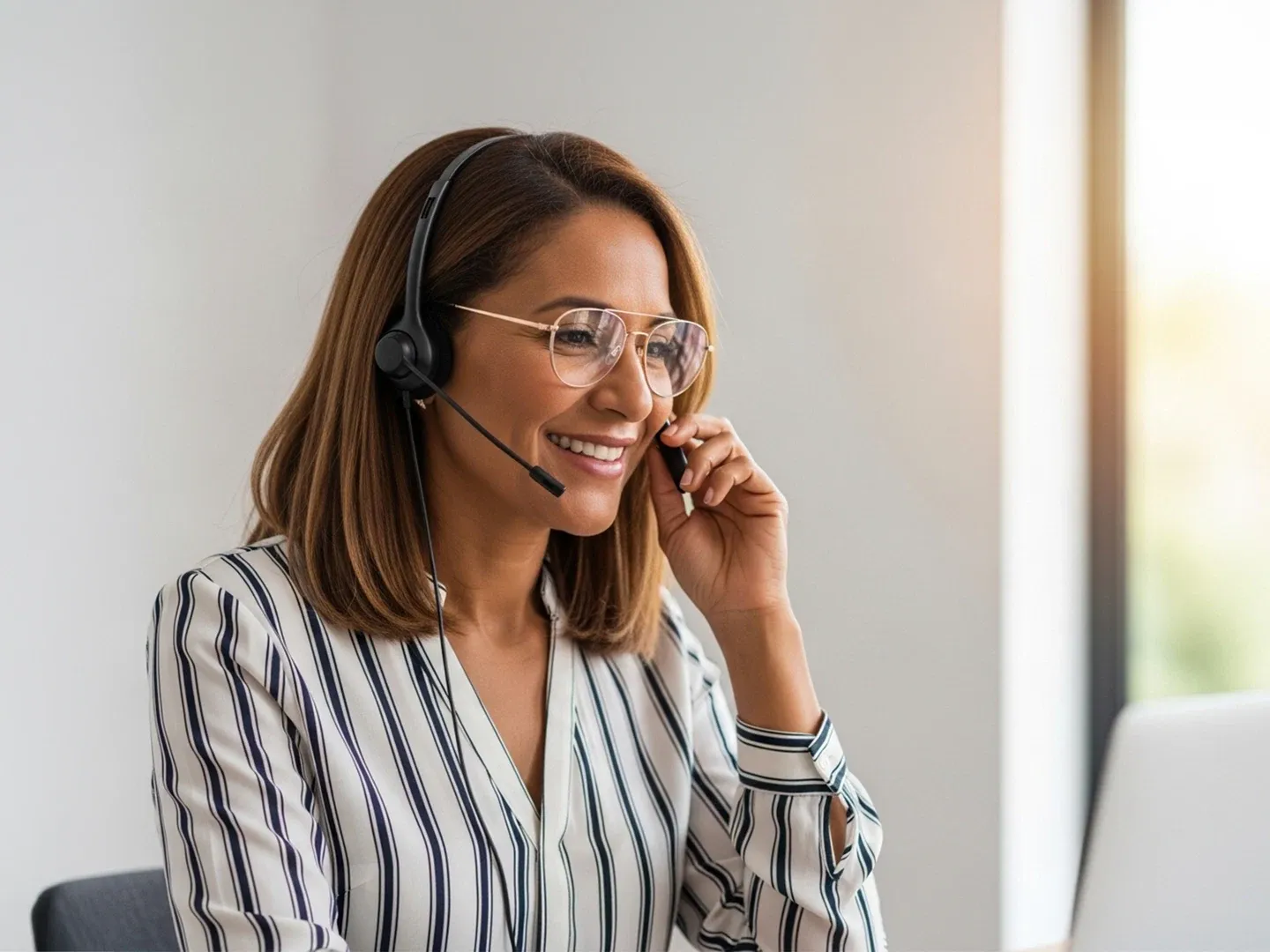 A smiling woman wearing a headset and glasses working as a customer service agent in a bright office setting.